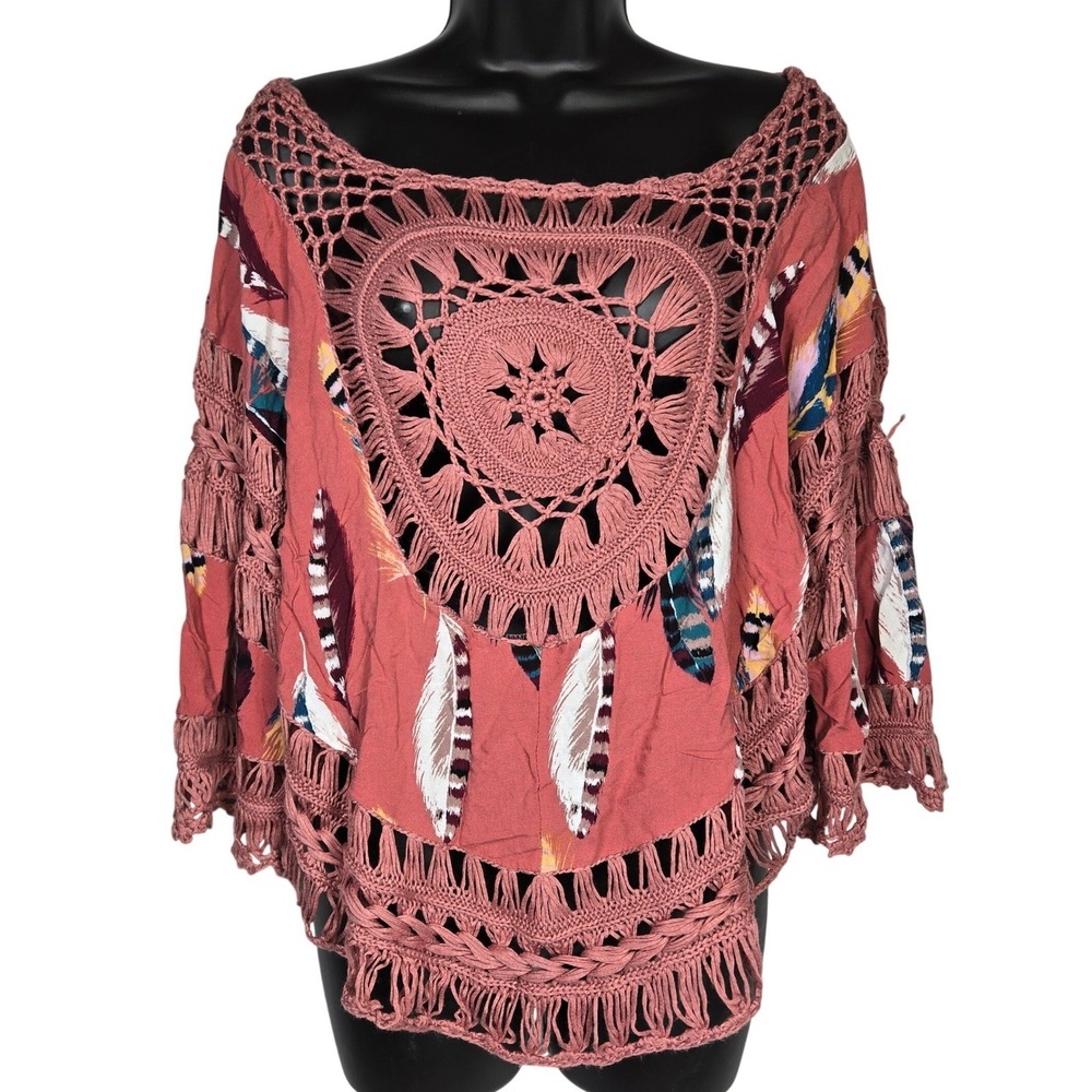 Vivid Importers Boho‎ Feather Crochet Fringe Tunic Top Blouse Rose S
